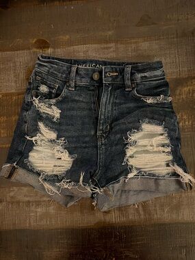 American Eagle Outfitters Distressed Dark Indigo Denim Mom Shorts